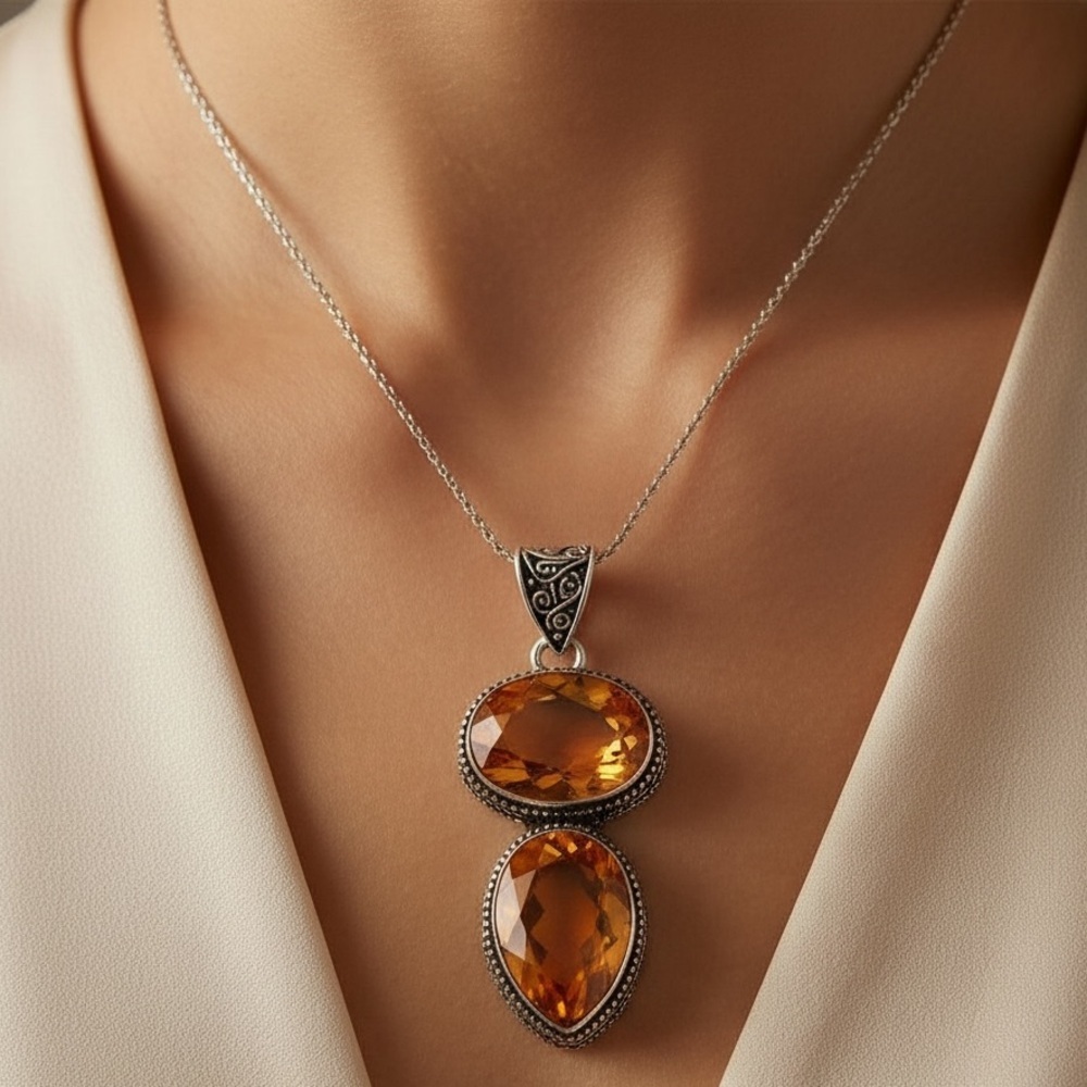 Antique Citrine Pendant Necklace, Sterling Silver, Charm Gemstone, Stat…